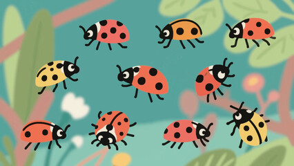 Whimsical ladybug illustration with spots in a garden setting and nature background