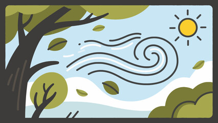 Windy day illustration with trees, leaves, and sunshine in a serene outdoor scene