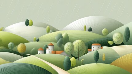 A serene countryside scene featuring rolling green hills, houses, and trees under a light rain, creating a peaceful natural environment.