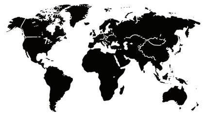 World map illustration showcasing continents and landmasses in black and white