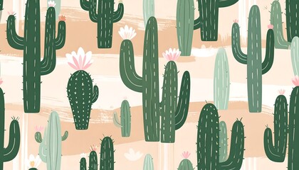 Cute cactus pattern with desert landscape