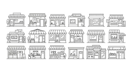 A collection of small shop storefronts in minimalistic line art vector style