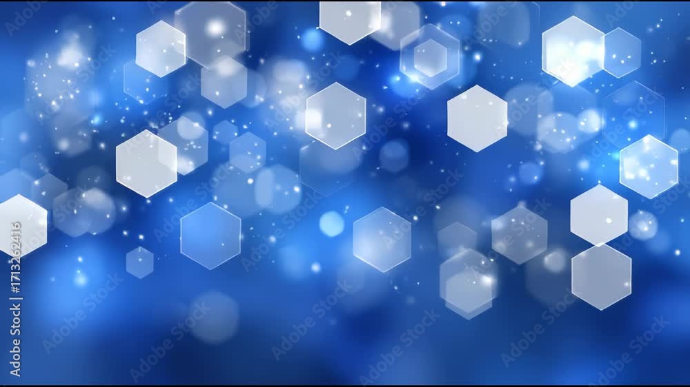 Poster blue hexagon bokeh background with glowing light, abstract geometric pattern, soft focus, dreamy and