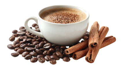 Cup of coffee with scattered coffee beans isolated on white background