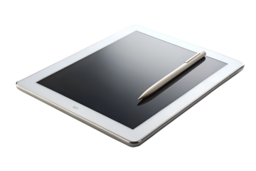 Sleek modern white tablet with dark reflective screen and stylus pen showing technology