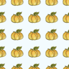 Seamless watercolor pattern with orange pumpkins and sketch outline on light blue background. Suitable for autumn designs, textiles, wrapping paper, kitchen decor and harvest themes.