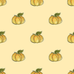 Seamless watercolor pattern with orange pumpkins and sketch outline on beige background. Perfect for autumn designs, kitchen decor, textiles, wrapping paper and harvest themes.