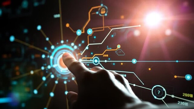 A futuristic network featuring human touch activates digital nodes and data links. A human finger touches the glowing center of a digital interface. 4k video - Powered by Adobe