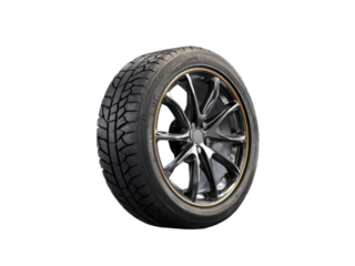 Black tire with shiny alloy rim and golden accent wheel vehicle, Isolated On Png Transparent Background
