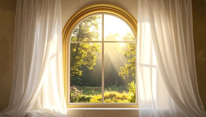 Sunlight streams through a grand arched window, illuminating a serene countryside landscape, bathed in morning light and soft, warm tones.
