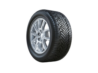 Shiny silver alloy car wheel with black rubber tire on black background vehicle transportation, Isolated On Png Transparent Background