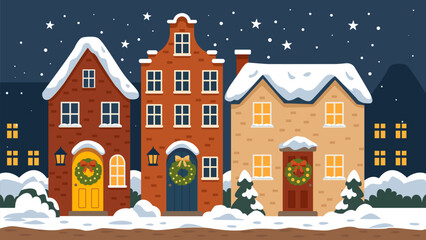 Winter night street three houses decorated for Christmas. Snow-covered rooftops, glowing windows, and festive wreaths on doors, cozy holiday atmosphere. For cards, backgrounds, and seasonal designs