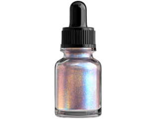 Iridescent liquid dropper bottle with black cap glitter, Isolated On Png Transparent Background
