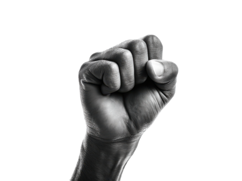 Clenched fist raised against black background hand power, Isolated On Png Transparent Background