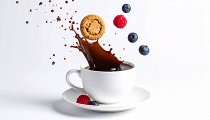 Generated Image: A surreal shot of a coffee cup liquid upwards into a floating cookies and berries in zero gravity.
