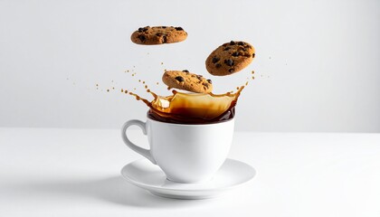 Generated image: A surreal shot of a coffee cup pouring liquid upwards into a floating cookies in zero gravity.
