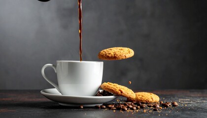 Generated image: A surreal shot of a coffee cup pouring liquid upwards into a floating cookies in zero gravity.
