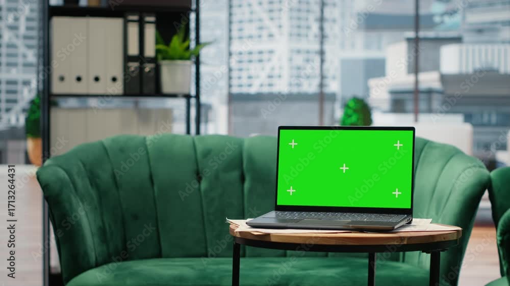 Poster empty modern luxurious office showcasing isolated display on laptop, high end workspace equipped wit