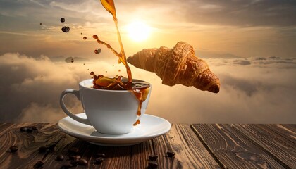 Generated image: A surreal shot of a coffee cup pouring liquid upwards into a floating croissant in zero gravity.
