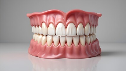 Obraz premium Close up shot featuring a set of dentures with white teeth and a pink gumline on a grey background.