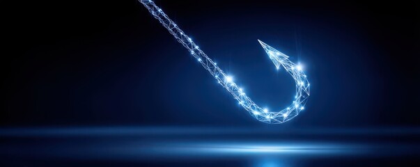 Cyber ​​threats to organizations. A glowing digital fishing hook against a dark background, symbolizing technology and innovation in fishing or online experiences.