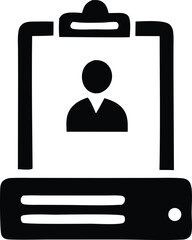 Simple graphic icon of a clipboard holding a user profile silhouette and a horizontal document for business or personal use