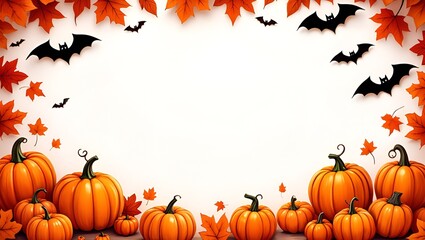 A festive Halloween scene unfolds against a bright backdrop, where vibrant orange pumpkins and scattered autumn leaves create a cheerful and seasonal atmosphere, 