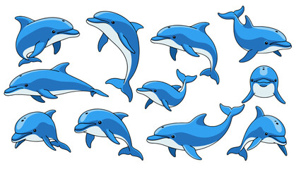 Graceful ocean mammals jumping and swimming, playful marine life isolated on transparent background