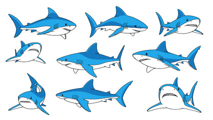 Naklejka premium Ocean Predator Shark Action Poses Dynamic Marine Life Isolated on Transparent Background