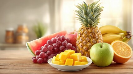 fresh fruits arranged naturally on a warm wooden table: a halved pineapple, a small bunch of bananas 