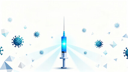 The glowing blue injector and virus element represent the concept of immune power fighting against viruses, suitable for medical science popularization, immunization day promotion and other scenarios.