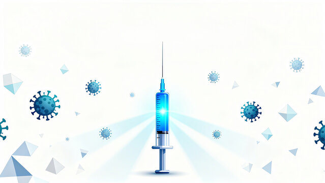 The glowing blue injector and virus element represent the concept of immune power fighting against viruses, suitable for medical science popularization, immunization day promotion and other scenarios.