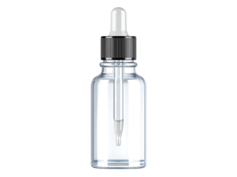 Clear glass dropper bottle with white tip and ribbed black cap liquid, Isolated On Png Transparent Background