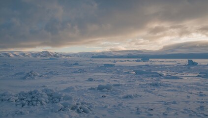 Arctic tundra panorama with snow plains and icy mountains
