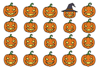 A grid of orange Halloween pumpkins with carved faces