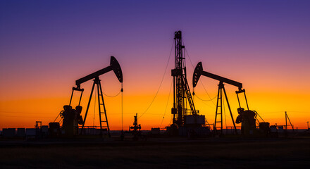 Silhouetted Oil Rig Derricks Against Vibrant Sunset Sky with Dramatic Orange and Purple Hues