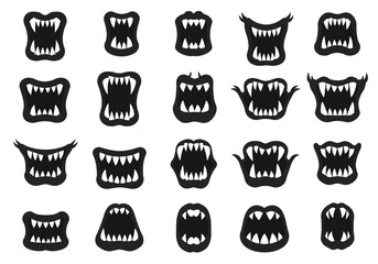 Collection of black cartoon monster mouths with sharp teeth