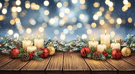 Christmas candles and ornaments on wooden table.