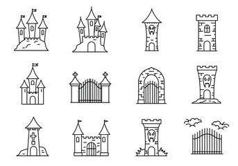 Fototapeta premium Collection of stylized castle and gate illustrations