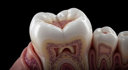 Anatomical molar illustration revealing dental pulp, enamel, dentin and gingiva in detail