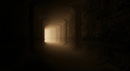 Mystical illuminated tunnel with ancient stone walls beckons into the unknown depths