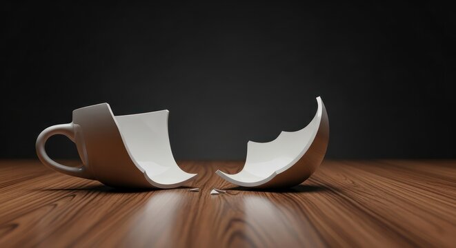 Fractured ceramic: A poignant representation of vulnerability and irreparable damage on wooden