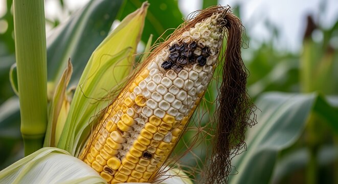 Corn Crop Disease Damaged Ear Closeup.
