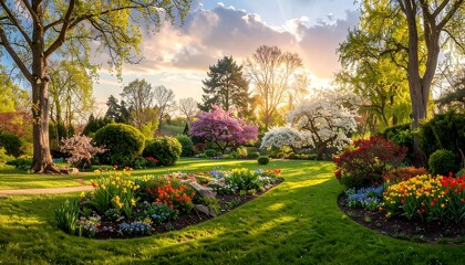 A vibrant spring garden at sunset, showcasing a variety of colorful flowers and blossoming trees, bathed in golden sunlight.