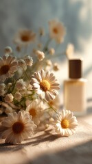 Cosmetic serum bottle framed by chamomile blooms