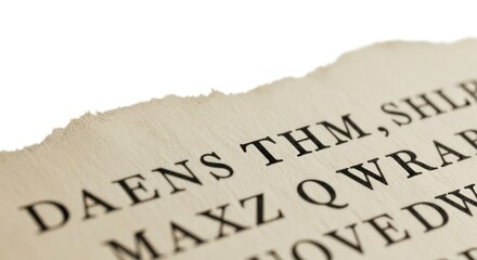 Close-up vintage document with random black letters, torn edge, off-white surface, offering