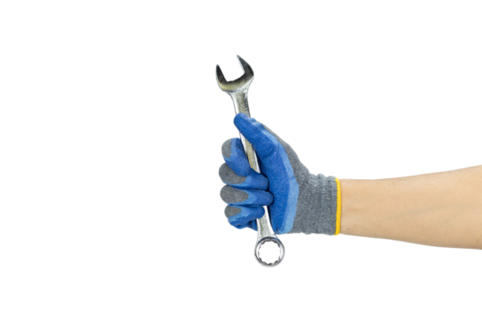 Metal adjustable wrench in blue work glove isolated on white background with clipping path