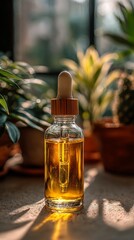 Golden oil dropper bottle in warm window light
