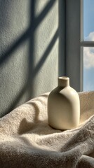 Ceramic cosmetic bottle on cozy blanket in sunlight