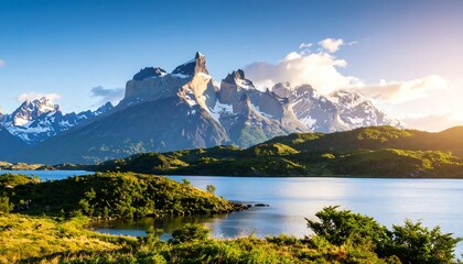 Fototapeta premium Scenic mountain range reflected in calm lake